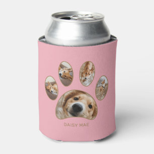 Pet Lovers Gold Paw Print Name Photo Collage Pink Can Cooler