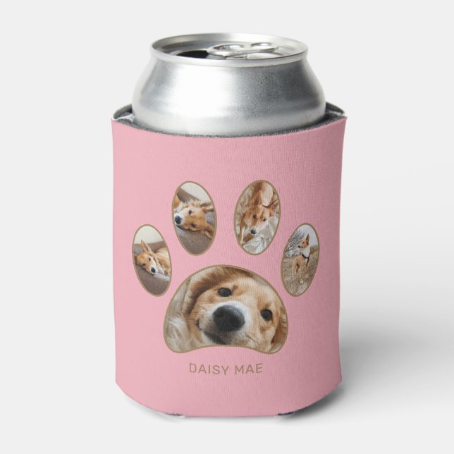 Pet Lovers Gold Paw Print Name Photo Collage Pink Can Cooler (Can Front)