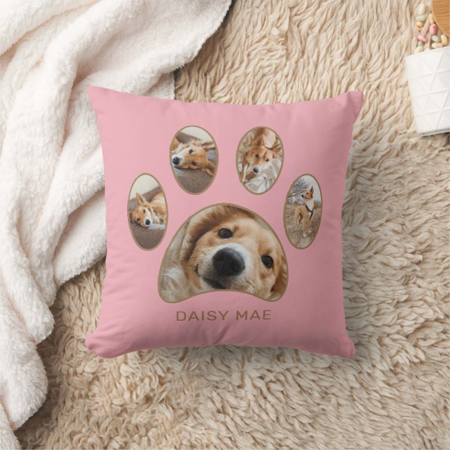 Pet Lovers Gold Paw Print Name Photo Collage Pink Cushion (Blanket)