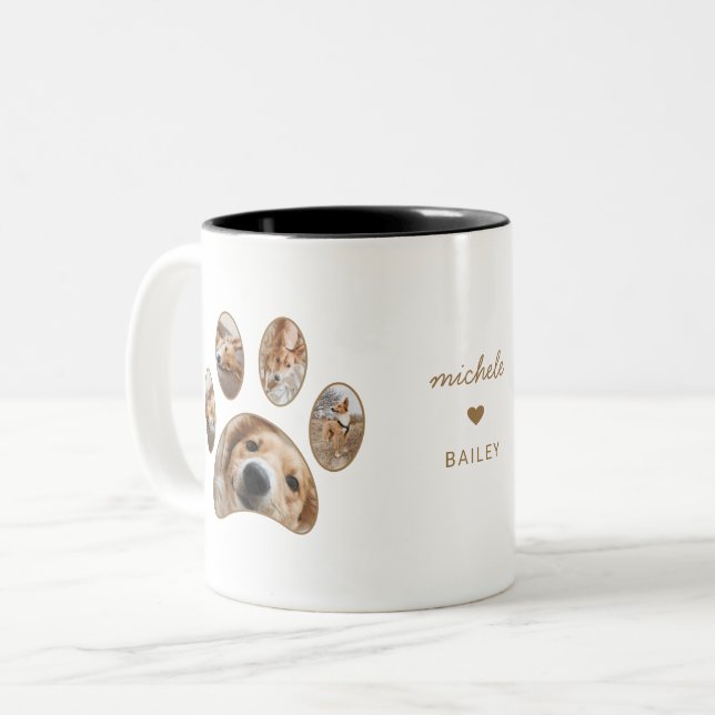 Pet Lovers Gold Paw Print Name Photo Collage Two-Tone Coffee Mug (Front Left)