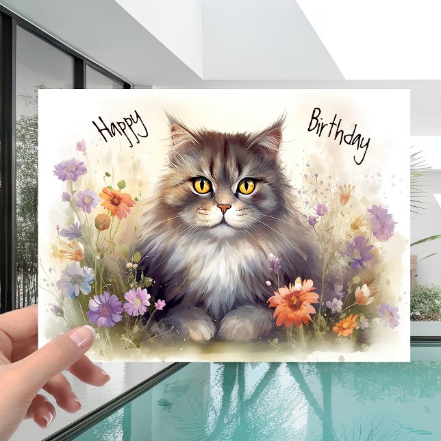 Pet Lovers Kitty Cat in Colourful Flowers Birthday Card (Creator Uploaded)