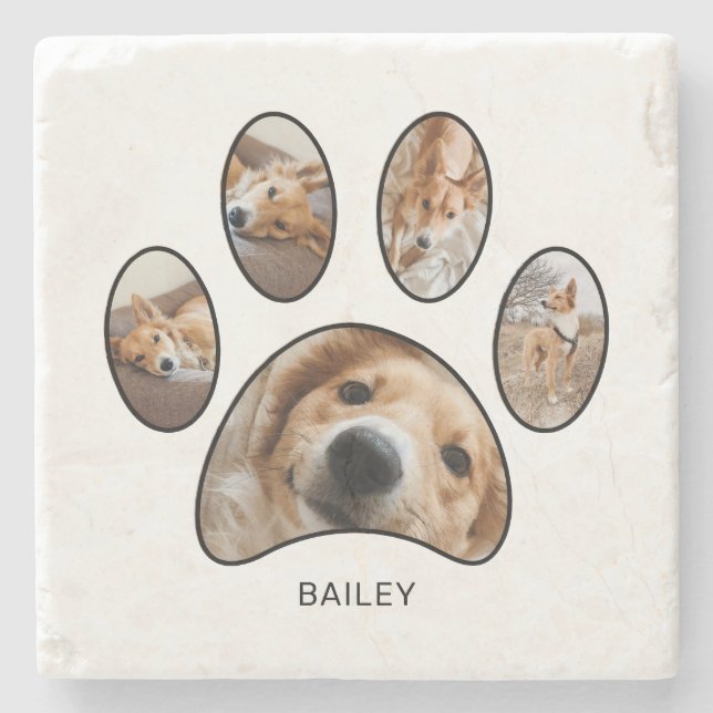 Pet Lovers Paw Print Photo Collage Personalised Stone Coaster (Front)