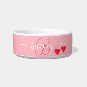 Pet Lovers Pink Heart Monogram Name   Bowl