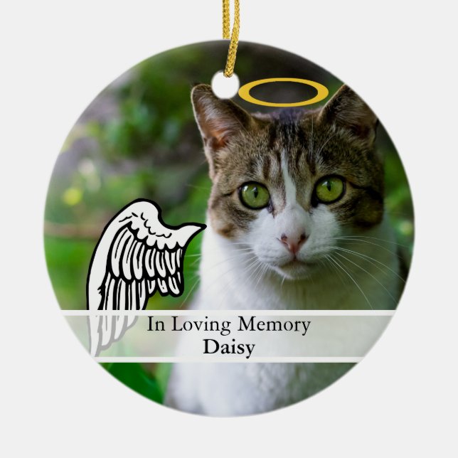 Pet Memorial Angel Wing & Halo Custom Name Ceramic Tree Decoration (Front)