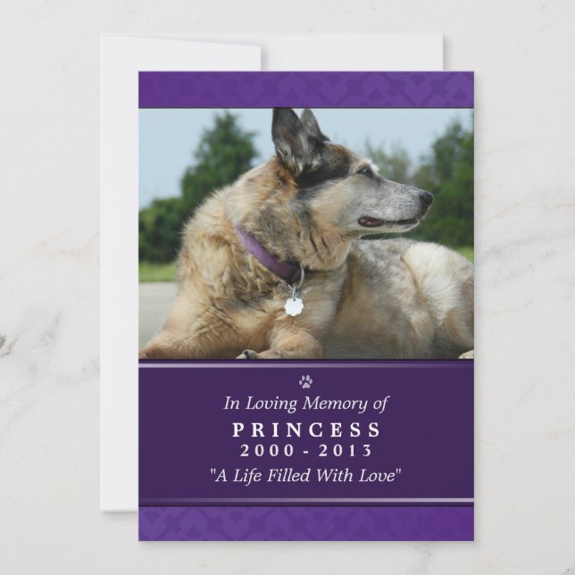 Pet Memorial Card 5"x7" Purple Photo - Female Pet (Front)