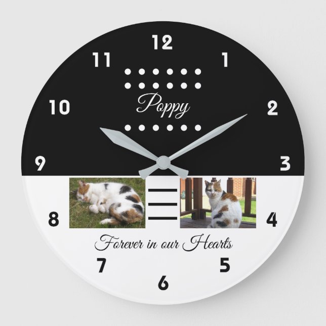 Pet memorial cat black white add photos large clock (Front)