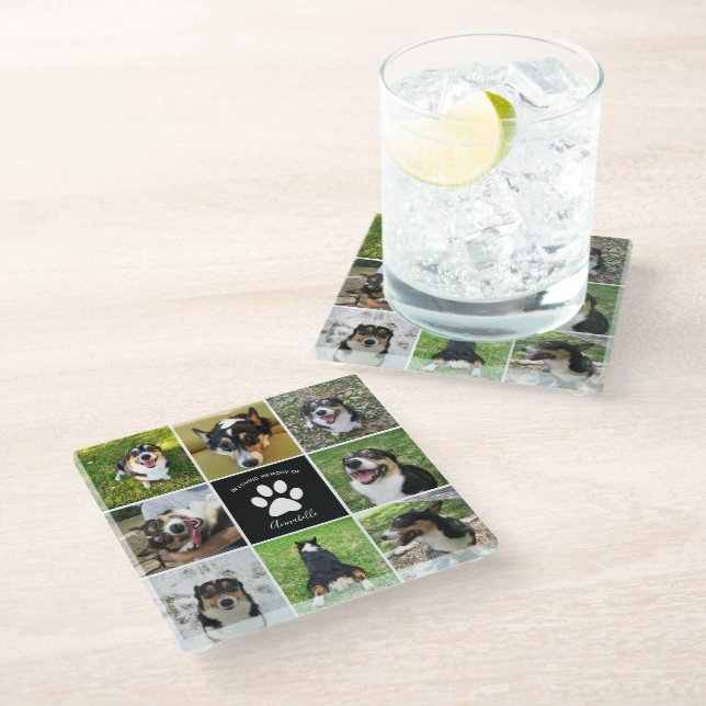 Pet Memorial Custom Dog Photo Collage Paw Print Glass Coaster (Angled)