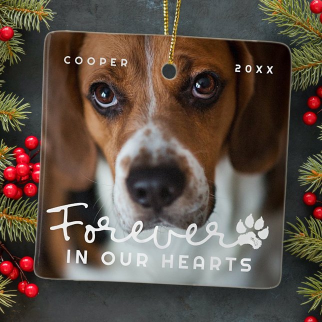 Pet Memorial Forever In Our Hearts Modern Photo Ceramic Ornament (Creator Uploaded)