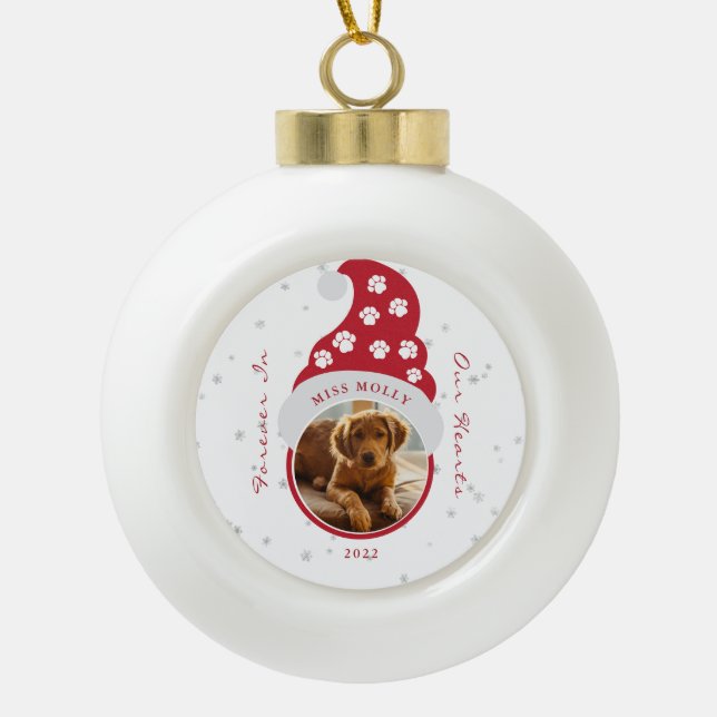 Pet Memorial Forever In Our Hearts Photo  Ceramic Ball Christmas Ornament (Front)