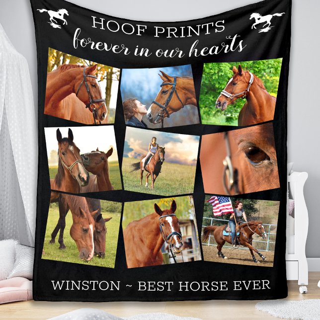 Pet Memorial Hoof Prints Horse Photo Collage Fleece Blanket (Creator Uploaded)