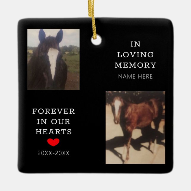  Pet Memorial Horse Photo Red Heart Personalised Ceramic Ornament (Front)