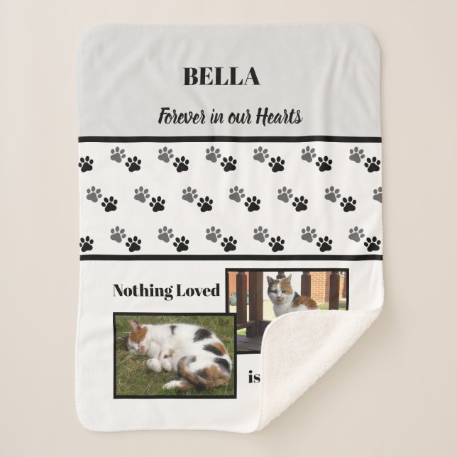 Pet memorial paw grey white black name photos sherpa blanket (Front)