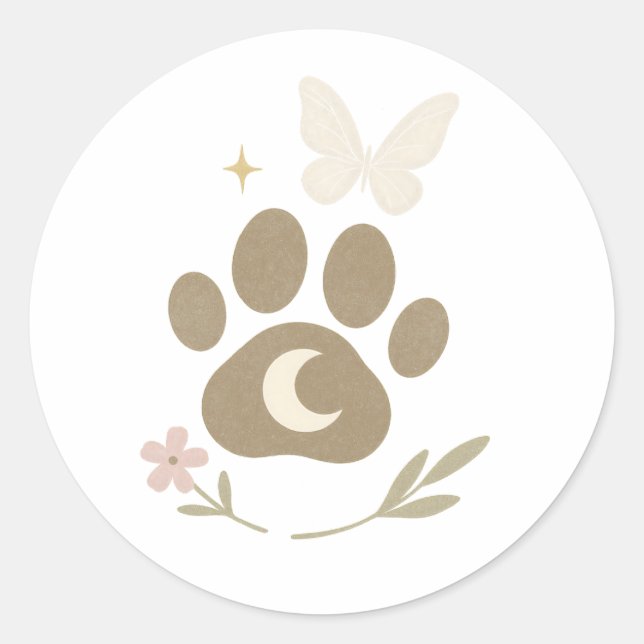 Pet Memorial Paw with Moon & Butterfly – Sympathy Classic Round Sticker (Front)