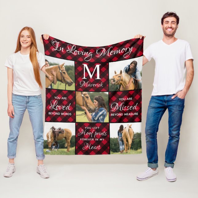 Pet Memorial Pet Loss Red Plaid Unique Horse Photo Fleece Blanket (In Situ)