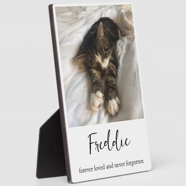 Pet Memorial Photo Simple Modern Typography Plaque (Modern script font personalized name and quote pet photo memorial plaque)