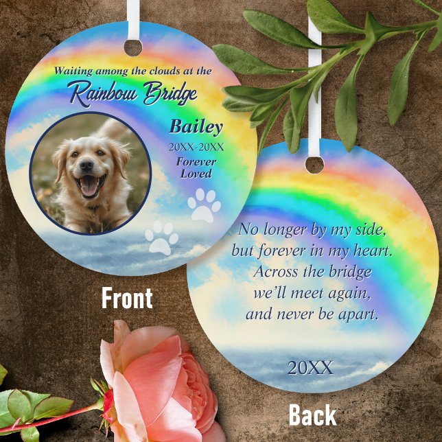 Pet Memorial Rainbow Bridge Photo & Paw Print Metal Tree Decoration (Front/Back)