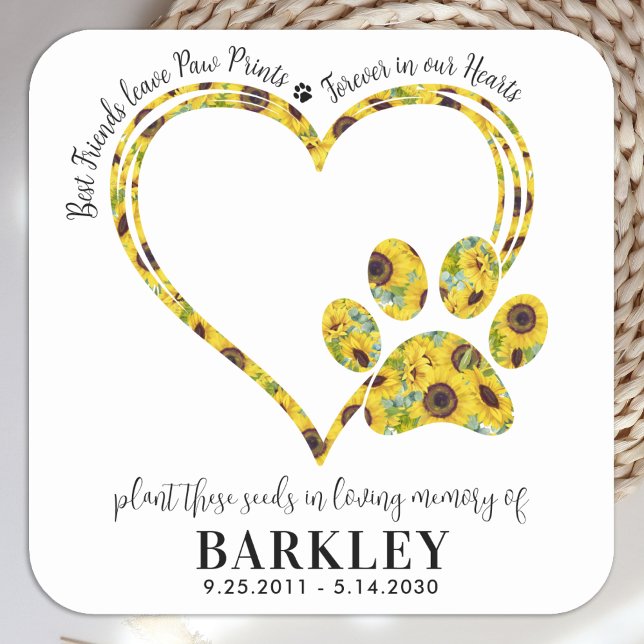 Pet Memorial Seed Packet Paw Print Heart Sunflower Square Sticker (Creator Uploaded)
