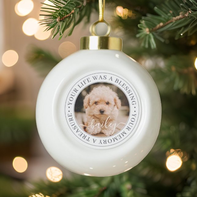 Pet Memorial Treasured Memory Elegant Chic Photo Ceramic Ball Christmas Ornament (Creator Uploaded)