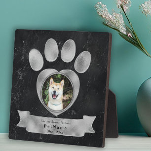 Pet Memorial Tribute Faux Black Marble Silver Paw Plaque