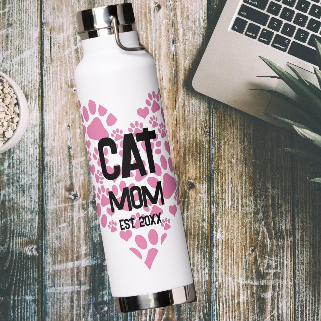 Pet Mum Mama to Cat Dog Paw Print Love Heart  Water Bottle (Creator Uploaded)