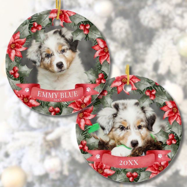 Pet My First Christmas Dog Ceramic Tree Decoration (Classic Floral Frame Pet First Christmas Dog Ceramic Ornament)