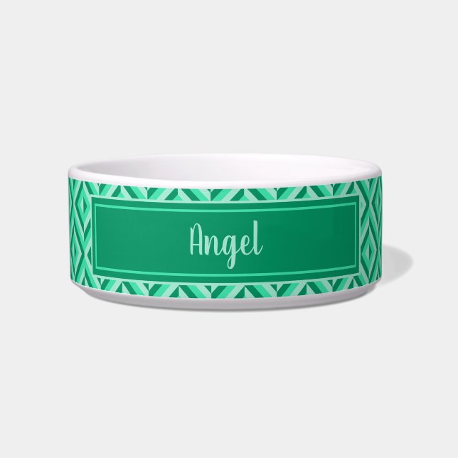 Pet Name Green Three-Tone Diamond Pattern Bowl (Front)