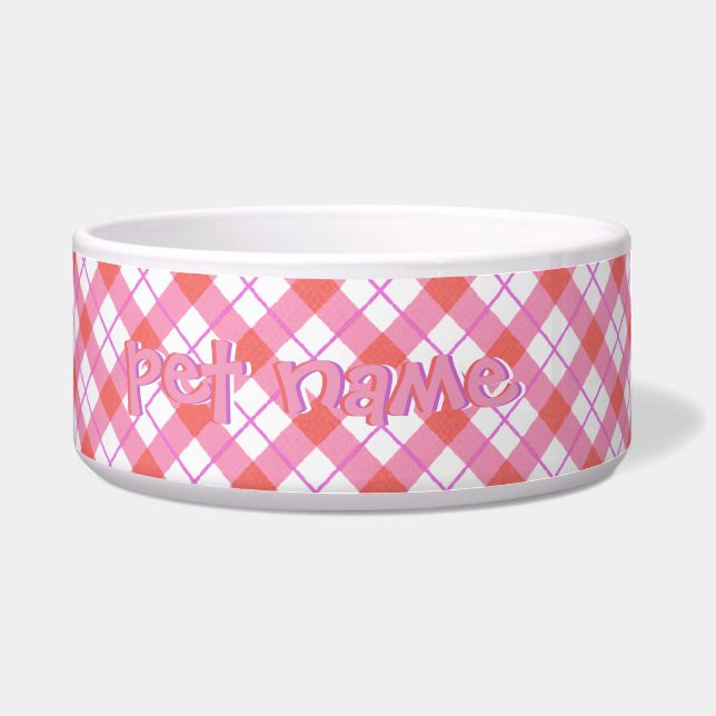 Pet Name Pink Red Plaid Bowls (Front)