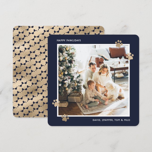 Pet Owner Blue Gold Photo Happy Pawlidays Card (Front/Back)