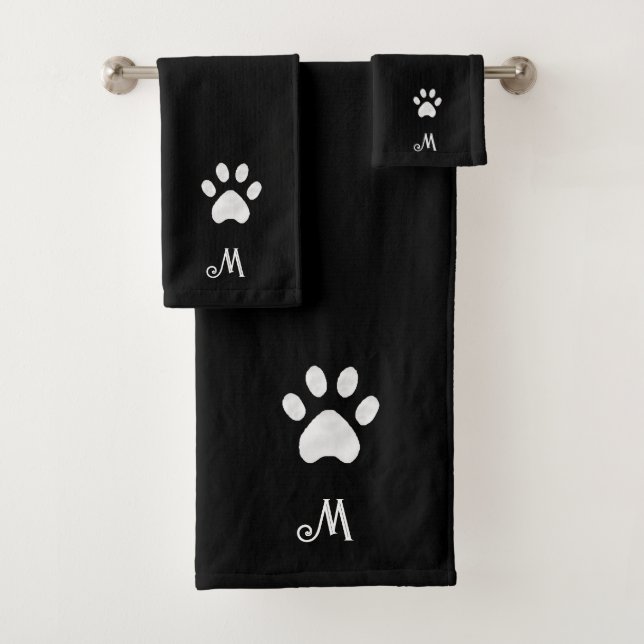 Pet Paw & Monogram on Black Bath Towel Set (Insitu)