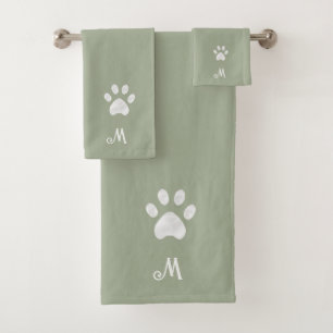 Pet Paw & Monogram on Sage Bath Towel Set