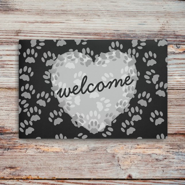 Pet Paw Print Heart Welcome Black White Doormat (Paw Print Welcome Doormat just for you)