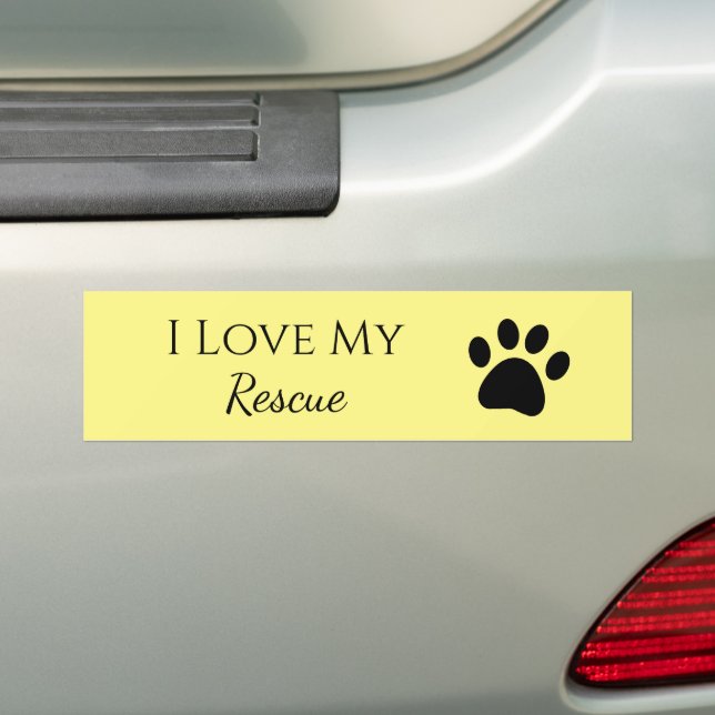 Pet Paw Print I Love My Rescue Yellow Bumper Sticker (On Car)