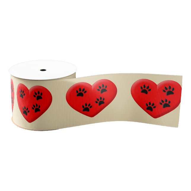 Pet Paw Print In Red Heart Grosgrain Ribbon (Spool)