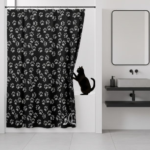 Pet Paw Print Pattern Black and Grey Cat Lover Shower Curtain