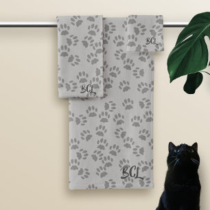 Pet Paw Print Pattern Monogram Grey Bath Towel Set