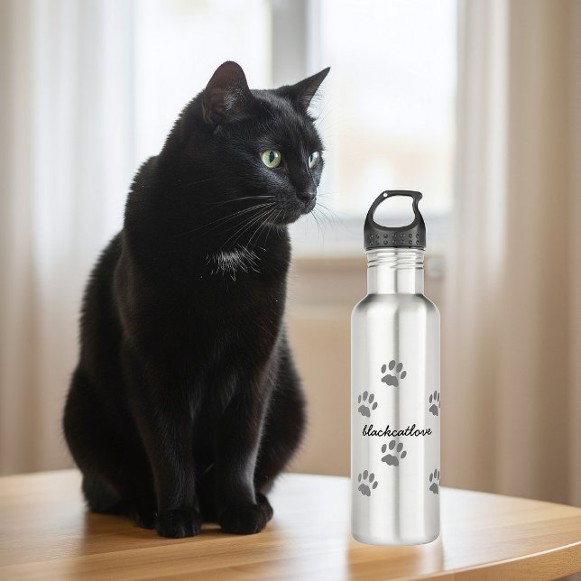 Pet Paw Print Personalised Cat Lover Water Bottle (Add your name to this paw print water bottle. Purrfect gift for the Cat Mom in your life)