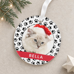 Pet Paw Prints Red Personalised Cat Name Photo Ornament