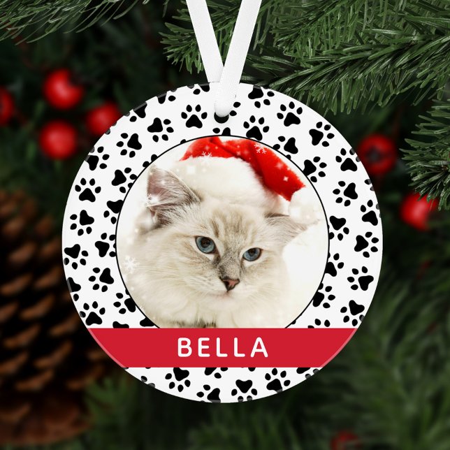 Pet Paw Prints Red Personalised Cat Name Photo Ornament (Creator Uploaded)