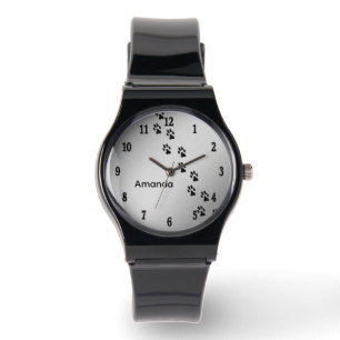 Pet Paw Prints Silver Black Numbers Personal Watch