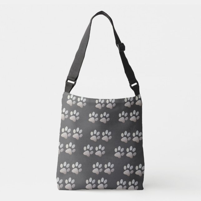 Pet paw silver glitter print on grey background crossbody bag (Front)