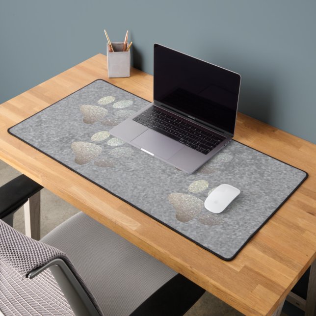 Pet paw silver glitter print on grey background desk mat (Office 2)