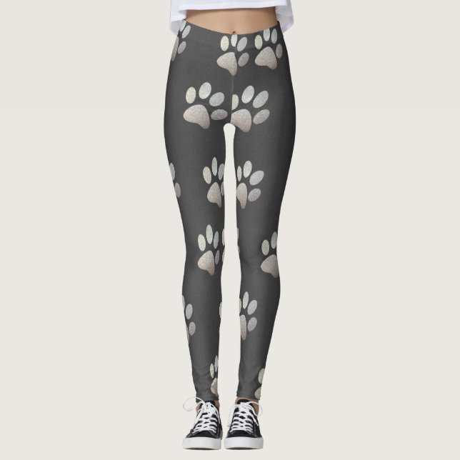 Pet paw silver glitter print on grey background leggings (Front)