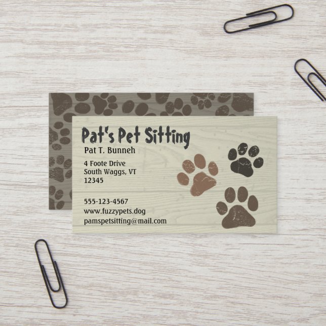 Pet Paws Dog or Cat Paw Prints Faux Weathered Wood Business Card (Front/Back In Situ)
