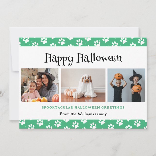 Pet Paws Green Photo Happy Halloween  Holiday Card (Front)