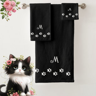 Pet Paws & Monogram on Black Bath Towel Set