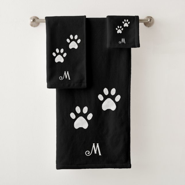 Pet Paws & Monogram on Black Bath Towel Set (Insitu)