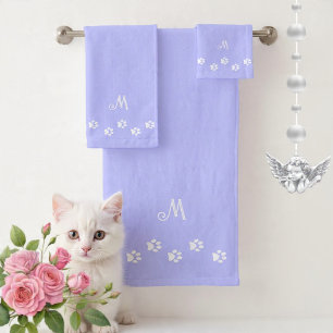 Pet Paws & Monogram on Light Blue Bath Towel Set