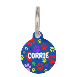 Pet Paws on Blue Round Pet ID Tag