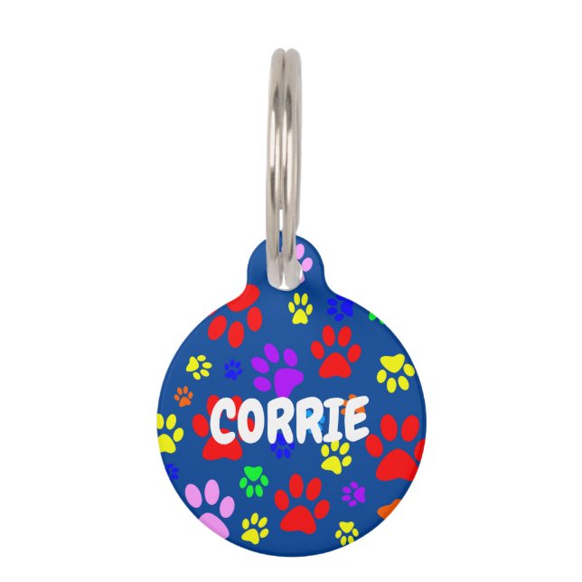Pet Paws on Blue Round Pet ID Tag (Front)