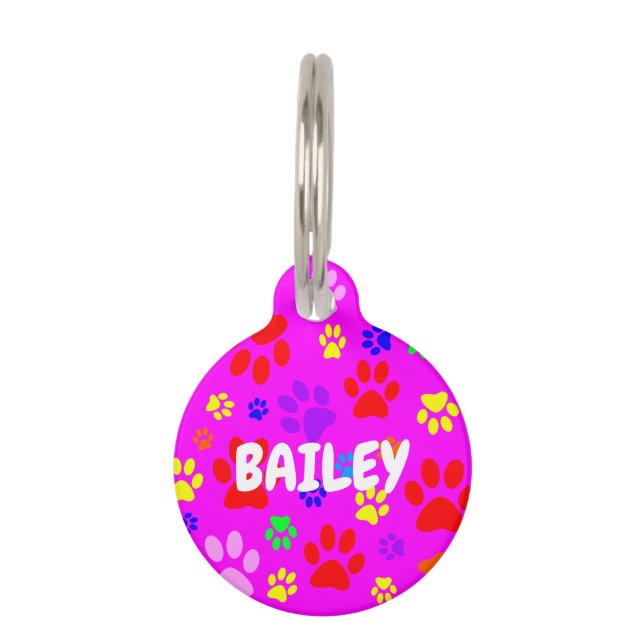 Pet Paws on Pink Round Pet ID Tag (Front)